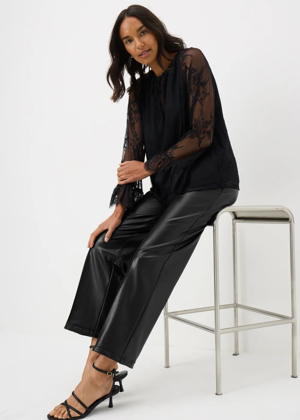 Black Faux Leather Straight Trousers - Size 24 Image 2