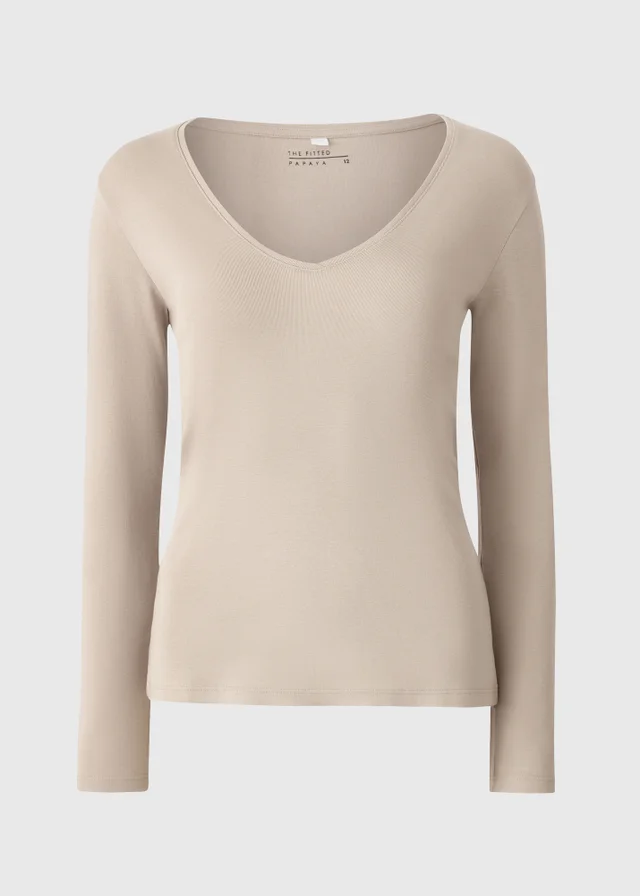 Taupe Fitted V-Neck Fitted Long Sleeve Top