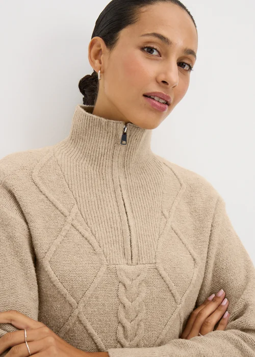 Beige Quarter Zip Tunic Jumper - S Image 2