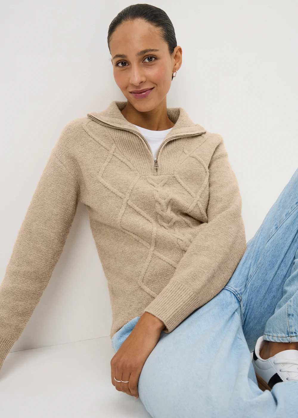 Beige Quarter Zip Tunic Jumper - S Image 1