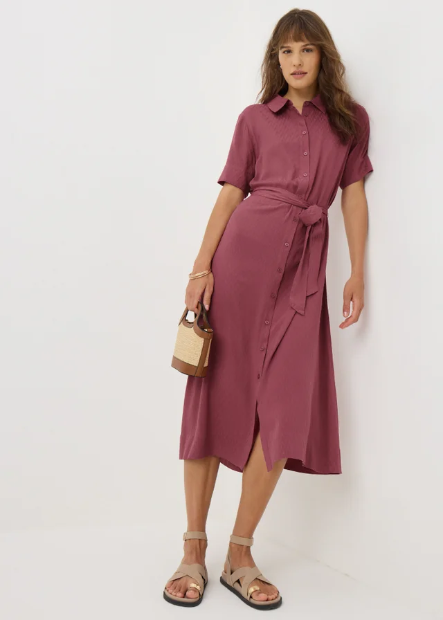 Raspberry Zig Zag Texture Shirt Midi Dress