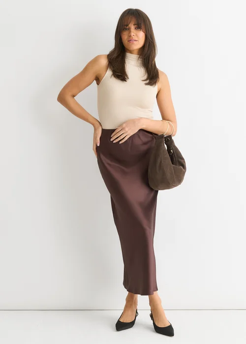 Gini London Chocolate Satin Midi Skirt - Size 10 Image 1