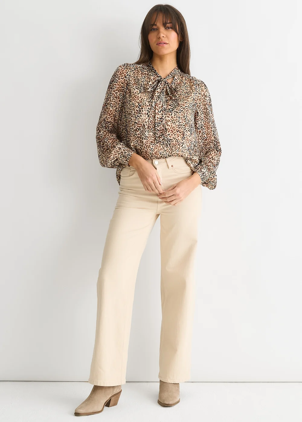 Gini London Brown Animal Print Long Sleeves Tie Neck Blouse - 10 Image 1