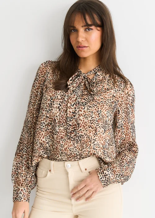 Gini London Brown Animal Print Long Sleeves Tie Neck Blouse - 10 Image 4