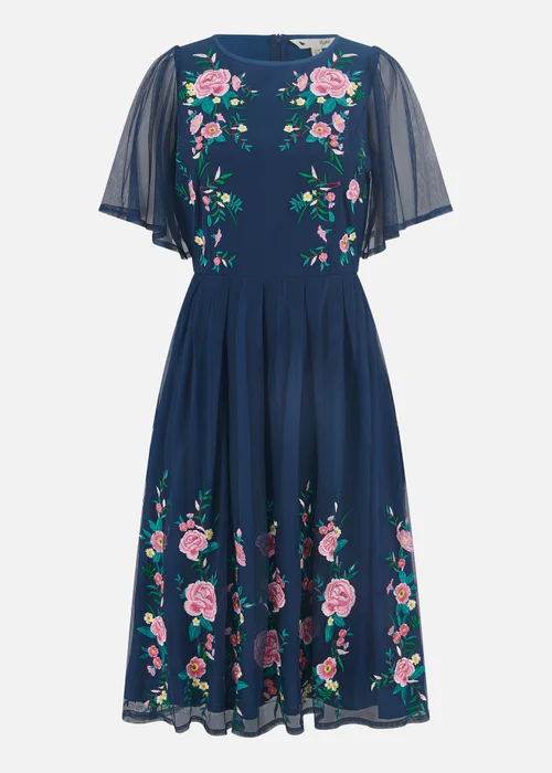 Yumi Navy Embroidered Long Mesh Sleeve Prom Skater Dress - 8 Image 3