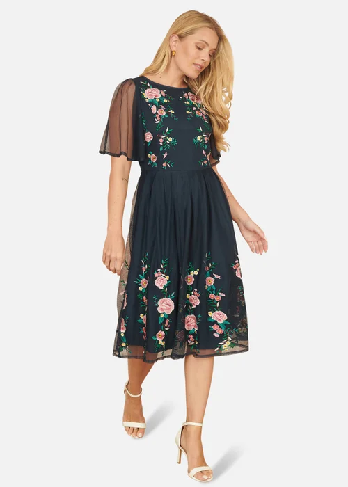 Yumi Navy Embroidered Long Mesh Sleeve Prom Skater Dress - 8 Image 2