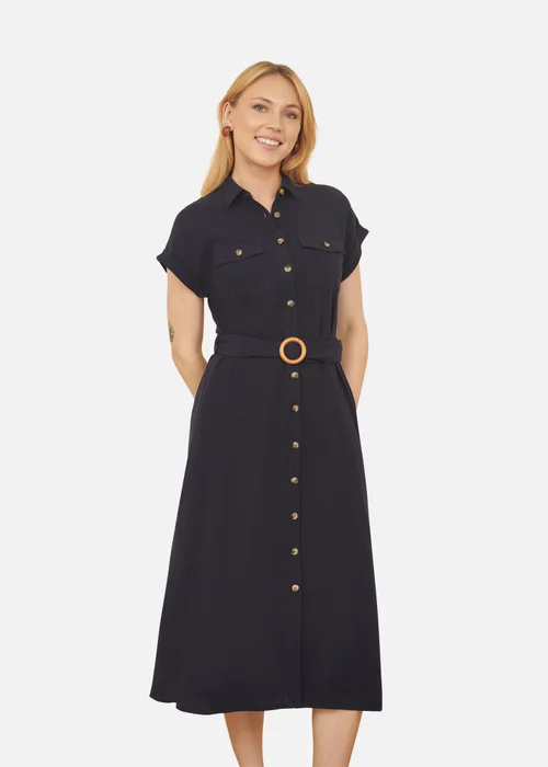 Yumi Navy Viscose Linen Look Midi Shirt Dress With Wooden Belt - 12 Image 1