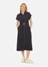 Yumi Navy Viscose Linen Look Midi Shirt Dress With Wooden Belt - 12 Image 2