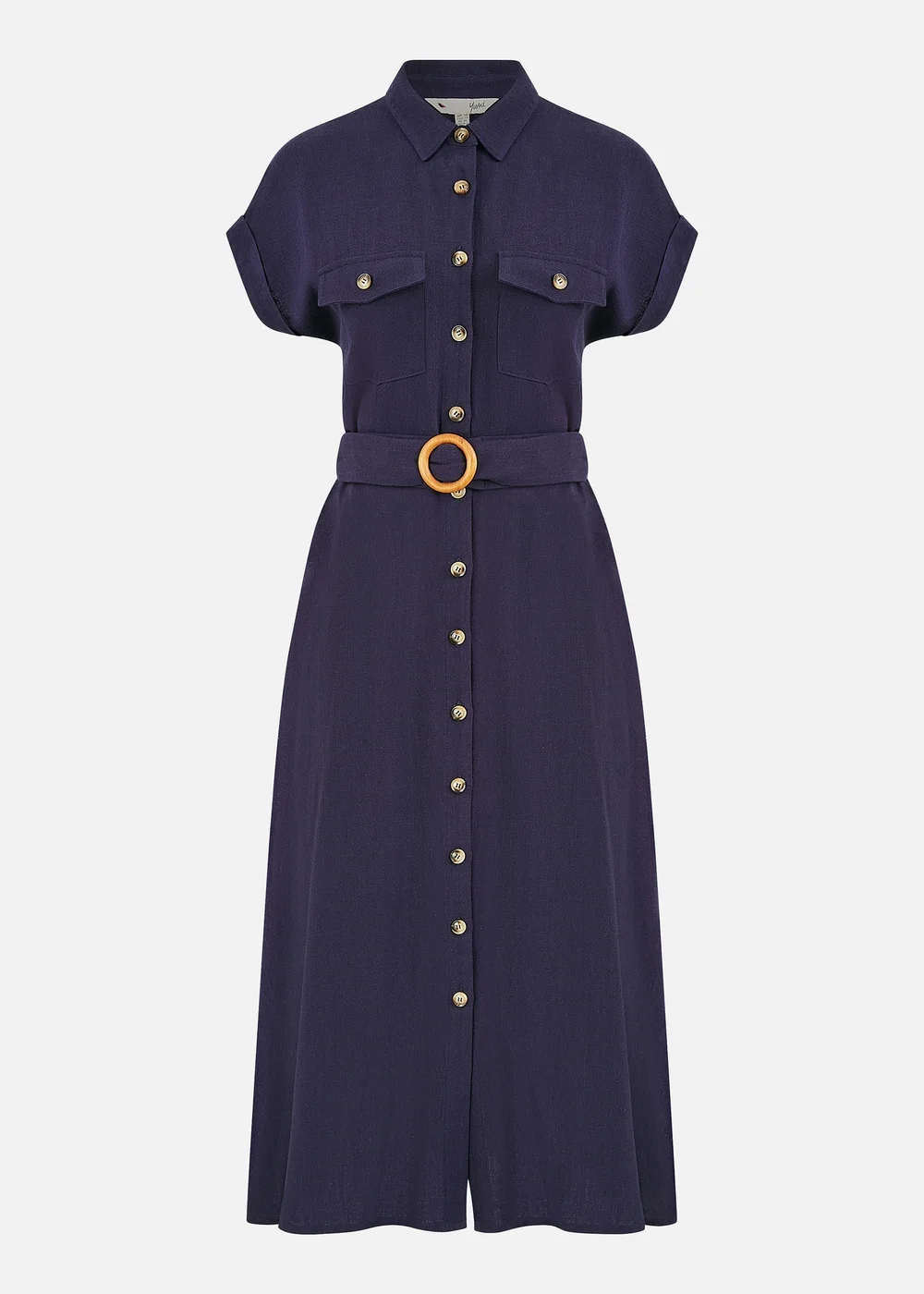 Yumi Navy Viscose Linen Look Midi Shirt Dress With Wooden Belt - 12 Image 3