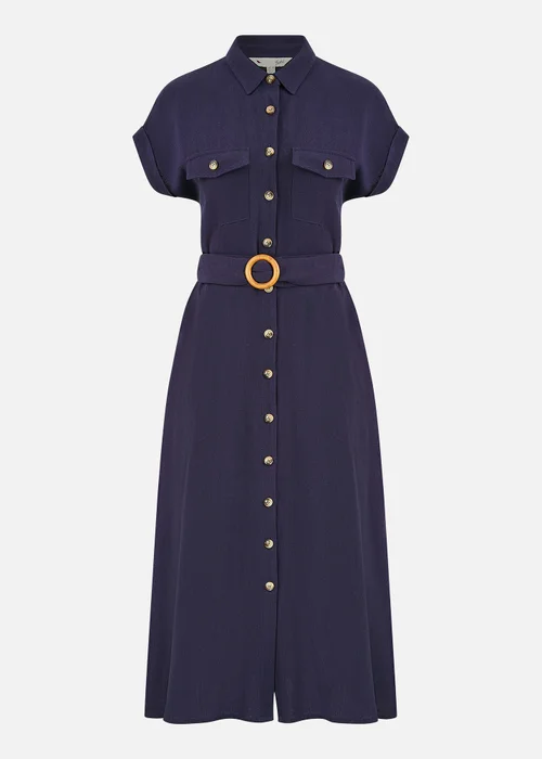 Yumi Navy Viscose Linen Look Midi Shirt Dress With Wooden Belt - 12 Image 3