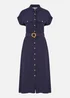 Yumi Navy Viscose Linen Look Midi Shirt Dress With Wooden Belt - 12 Image 3