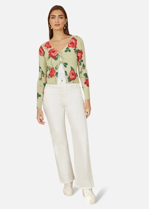 Yumi Green Rose Print Cardigan With Tie Front - Medium Image 1