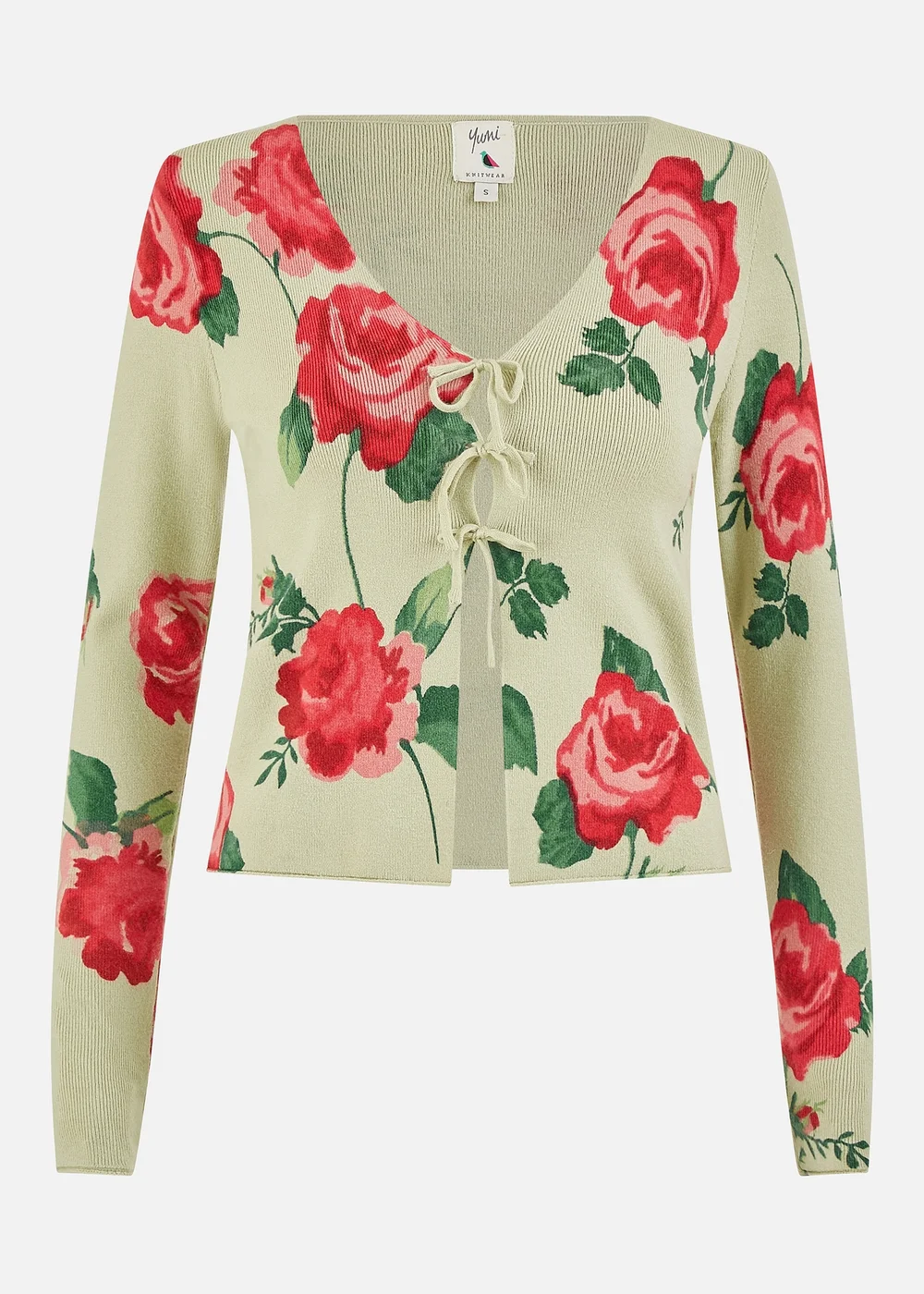 Yumi Green Rose Print Cardigan With Tie Front - Medium Image 2