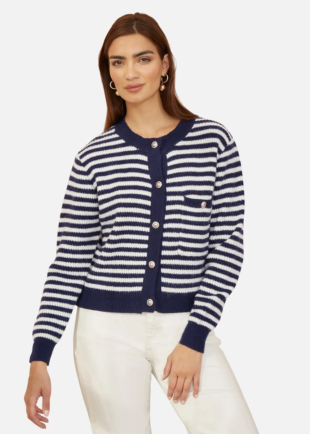 Yumi Navy Stripe Knit Relaxed Fit Cardigan - Medium/Large Image 1
