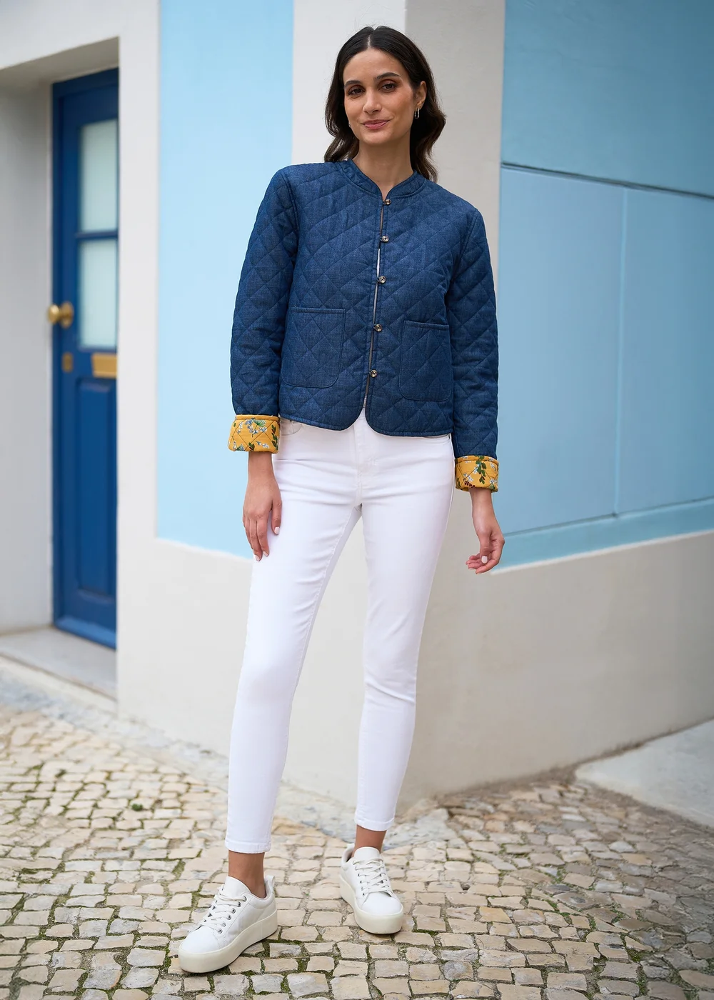 Yumi Blue Chambray Quilted Jacket With Reversible Floral Lining - 10 Image 2