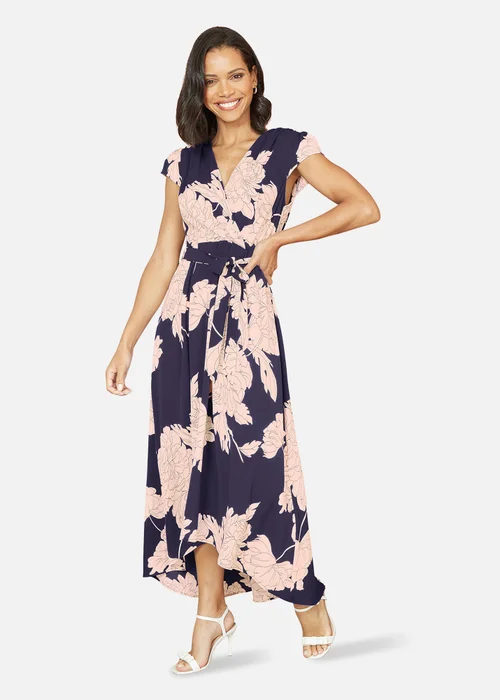 Yumi Navy Blossom Print Wrap Midi With Dipped Hem - 12 Image 1