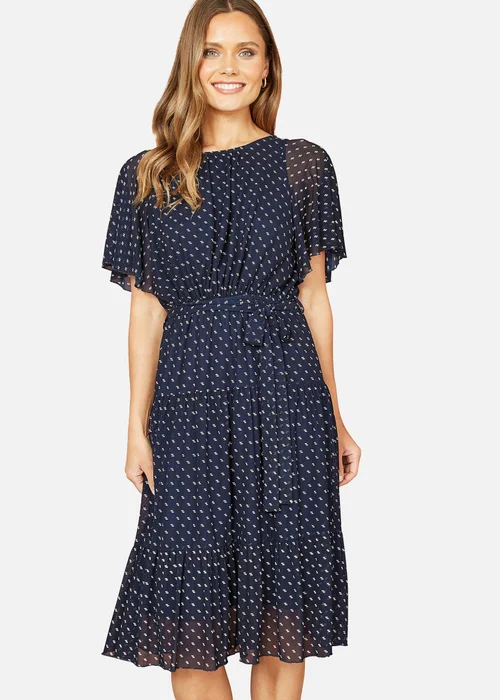 Yumi Navy Dot Print Mesh Stretch Midi Skater Dress - 12 Image 1