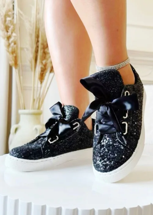 Love Lemonade Black Sparkly Glitter Ribbon Lace Trainers - Size 8 Image 2