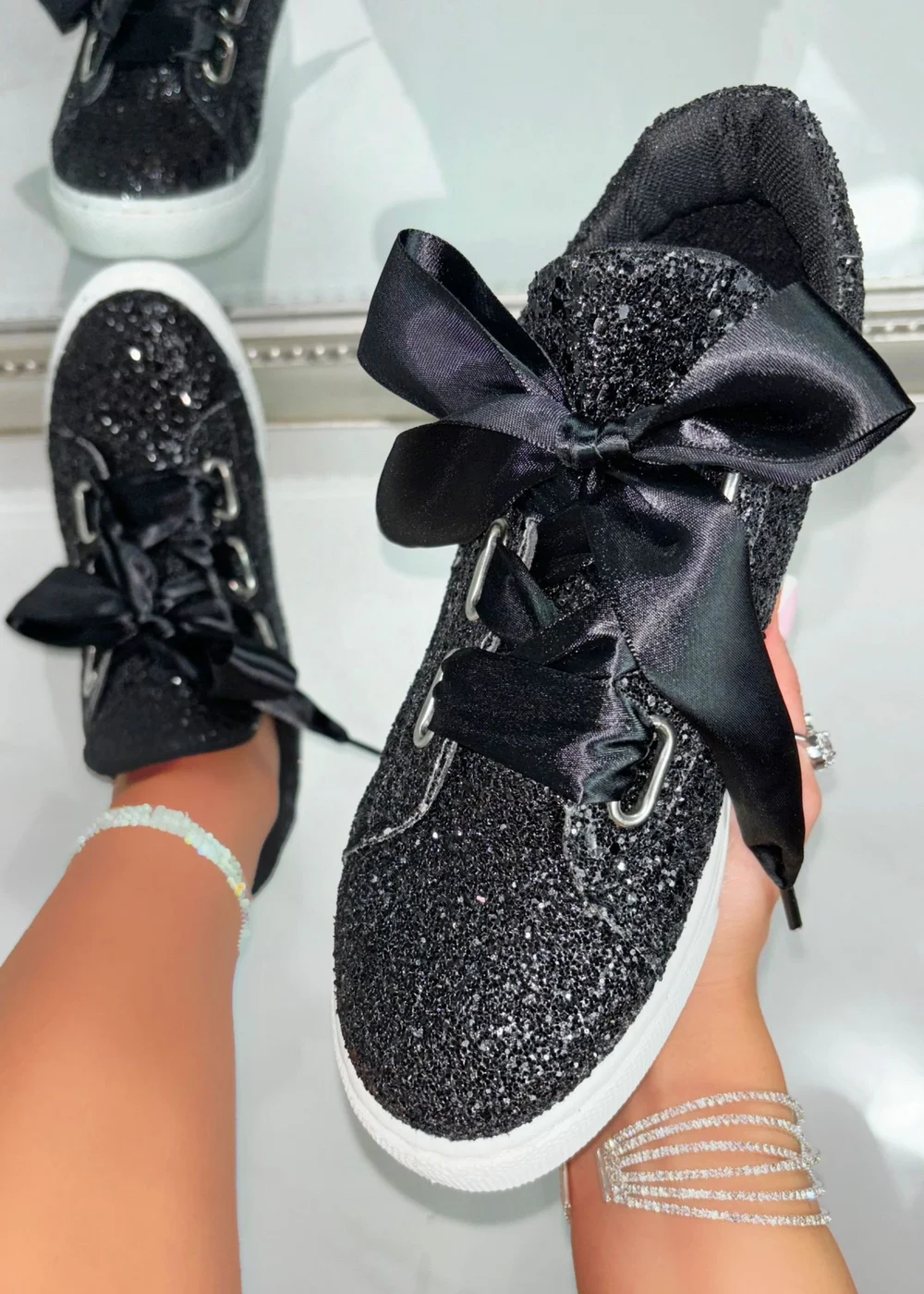 Love Lemonade Black Sparkly Glitter Ribbon Lace Trainers - Size 8 Image 1