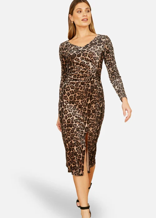 Yumi Brown Velvet Leopard Print Fitted Midi Dress - 8 Image 2