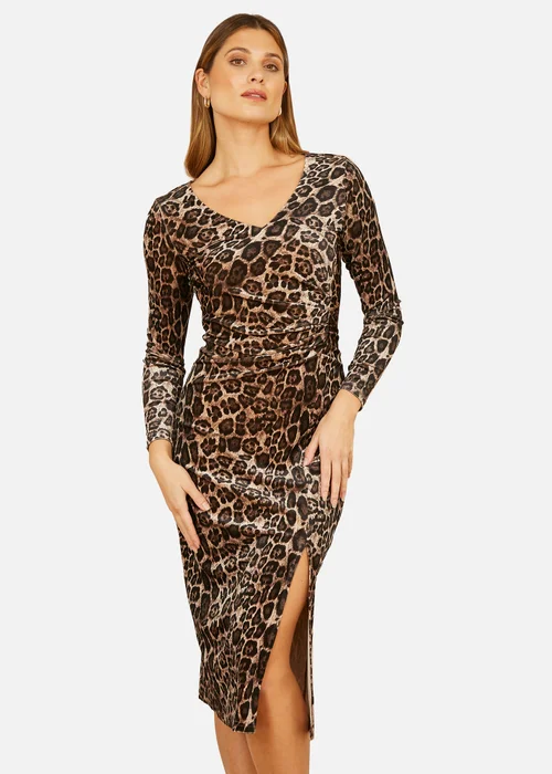 Yumi Brown Velvet Leopard Print Fitted Midi Dress - 8 Image 1