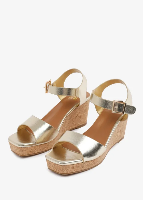 Where's That From Gold PU Giselle Wide-Fit Wedge Sandals With Buckle-Ankle-Strap - Size 6 Image 3