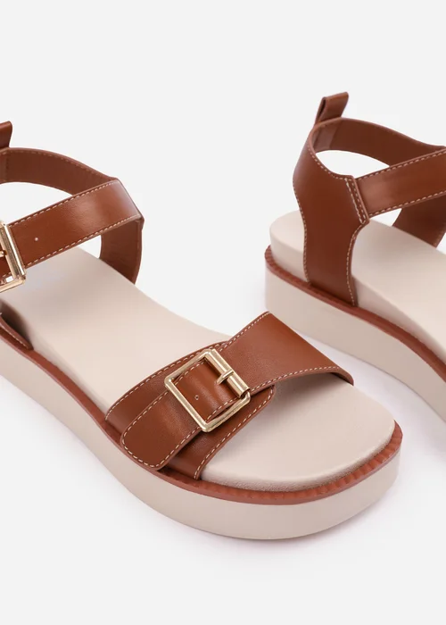 Where's That From Tan PU Isabel Double-Buckle-Strap Platform Sandals - Size 8 Image 4