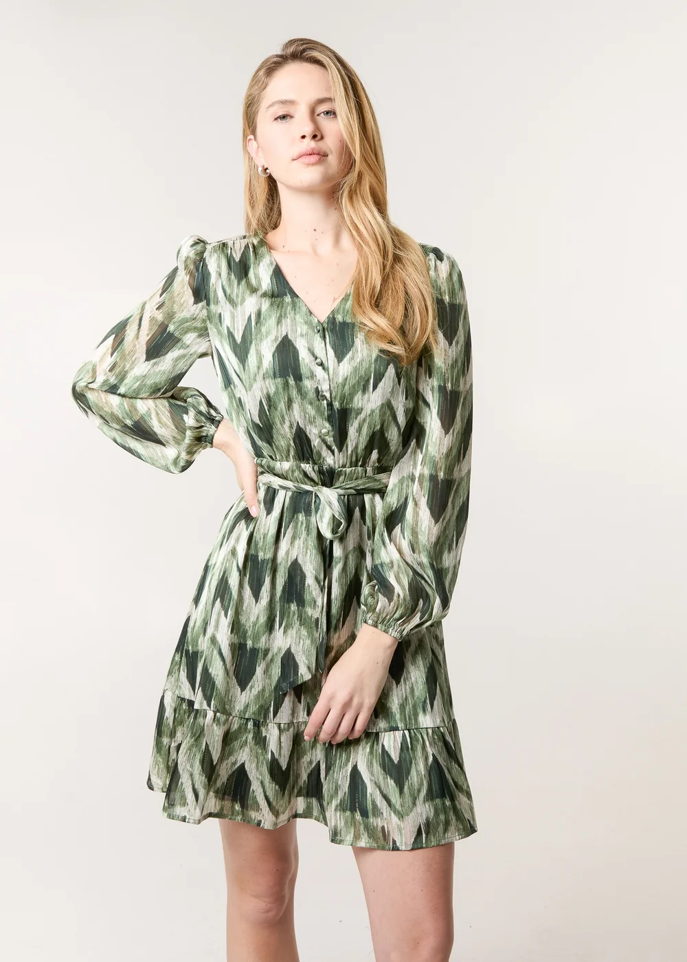 Blue Vanilla Green Metallic Zig Zag V Neck Belted Dress - 8 Image 1