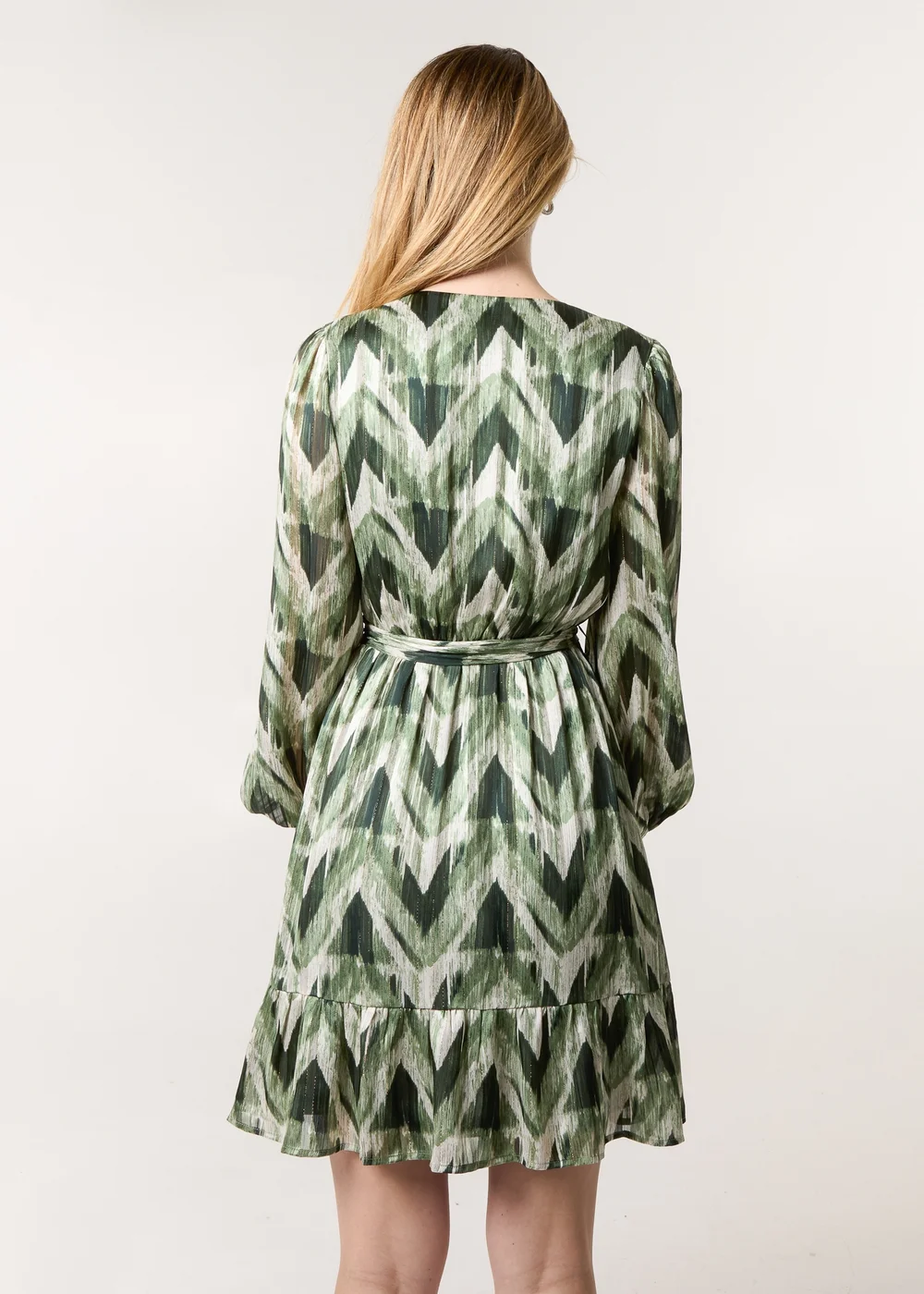 Blue Vanilla Green Metallic Zig Zag V Neck Belted Dress - 16 Image 3