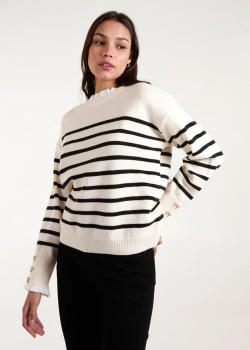 Blue Vanilla Stone Horizontal Stripes Bow Button Detailed Jumper - Medium/Large Image 2