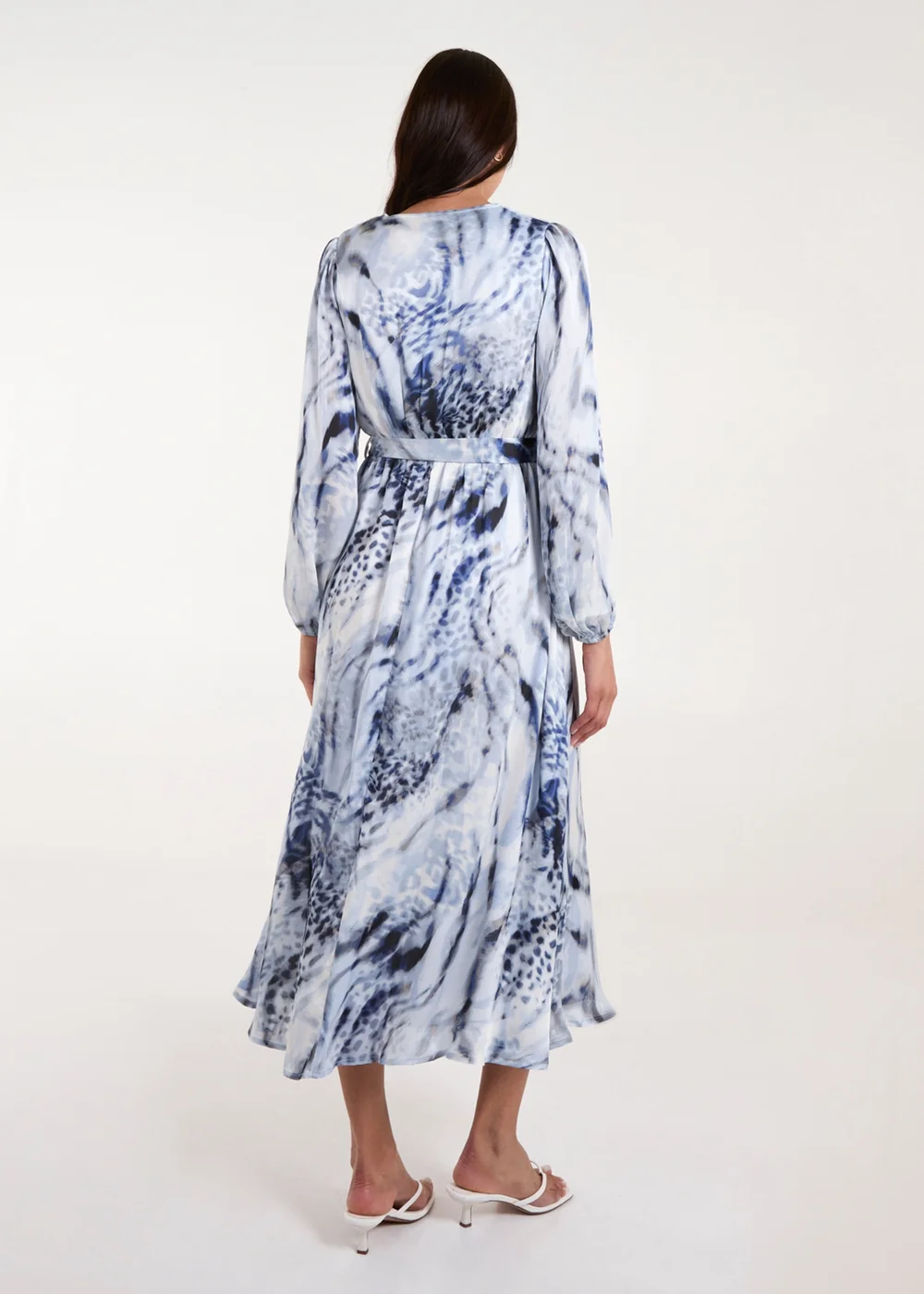 Blue Vanilla Blue Watercolour Wrap Front Belted Midi Dress - M Image 2