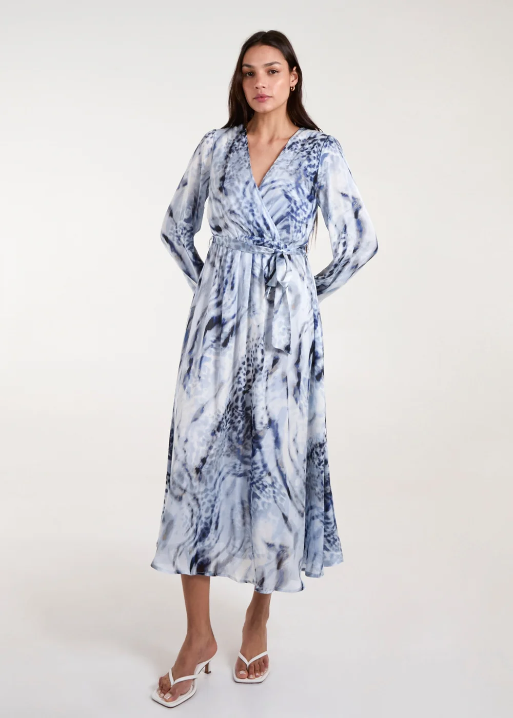 Blue Vanilla Blue Watercolour Wrap Front Belted Midi Dress - M Image 1