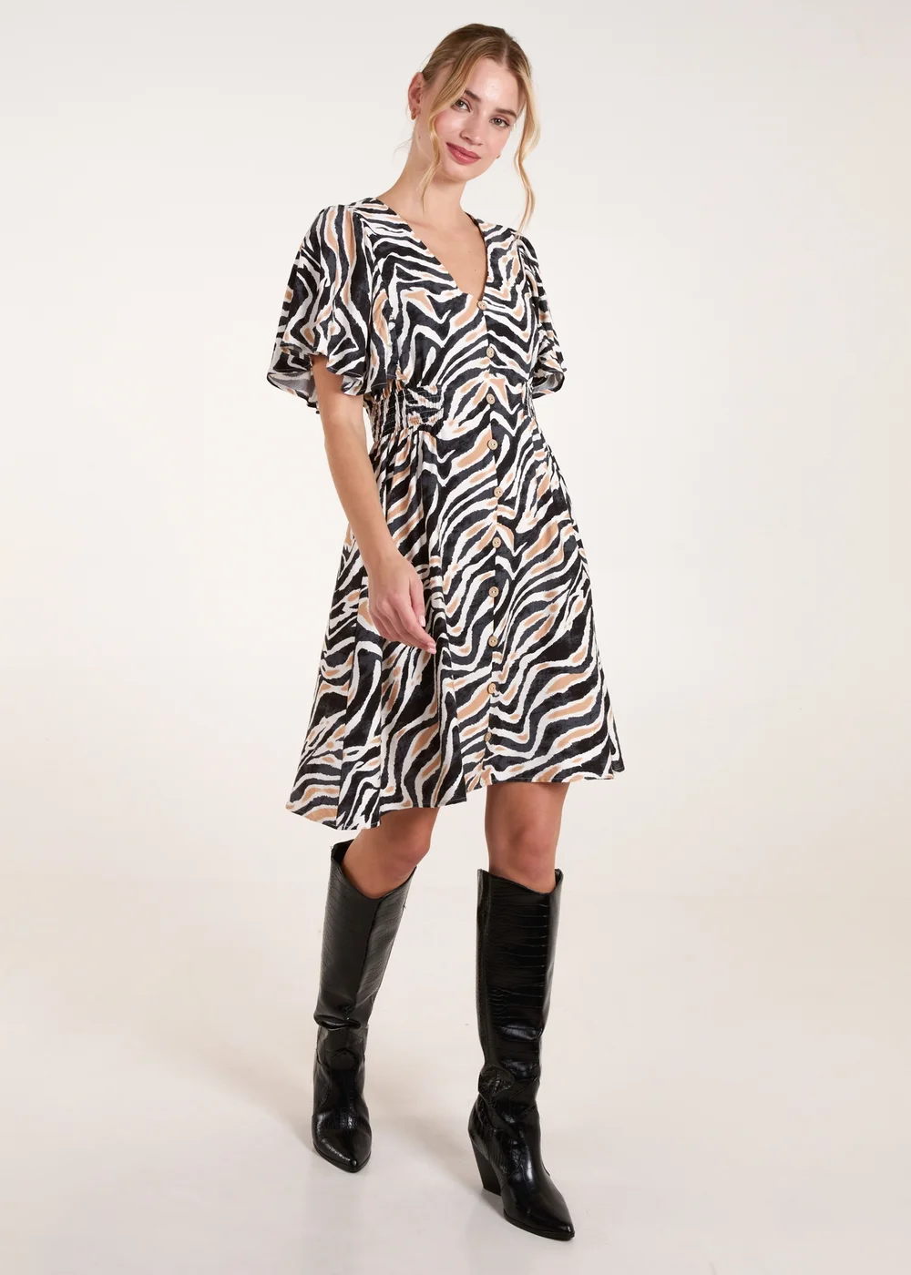 Blue Vanilla Black Button Front Shirred Waist Mini Dress - S Image 2