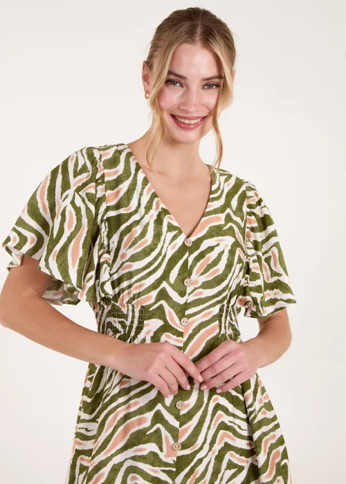 Blue Vanilla Khaki Button Front Shirred Waist Mini Dress - M Image 2