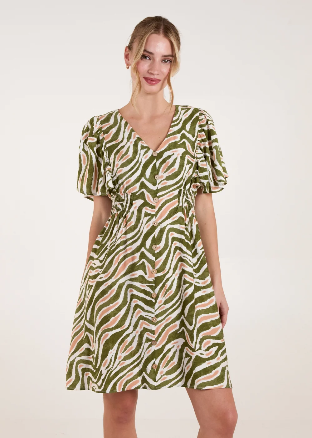 Blue Vanilla Khaki Button Front Shirred Waist Mini Dress - M Image 1