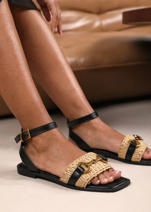Where's That From Wide-Fit Black-PU Catelyn Straw Detail Strap Sandals - 4 Image 5