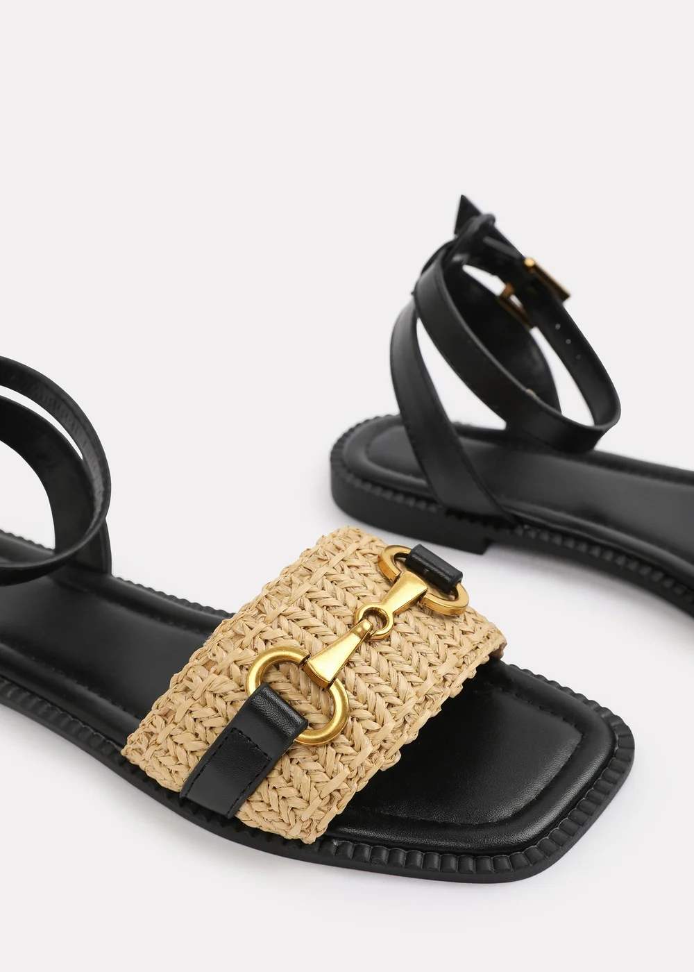 Where's That From Wide-Fit Black-PU Catelyn Straw Detail Strap Sandals - 4 Image 4
