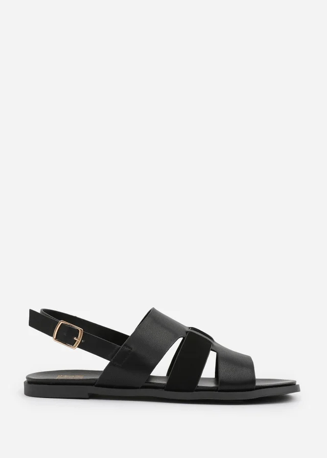 Where's That From Black PU Uma Flat Sandals