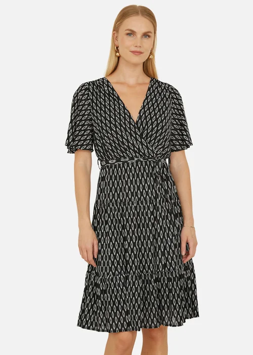 Yumi Black Geo Print Mesh Stretch Midi Skater Dress - 16 Image 1
