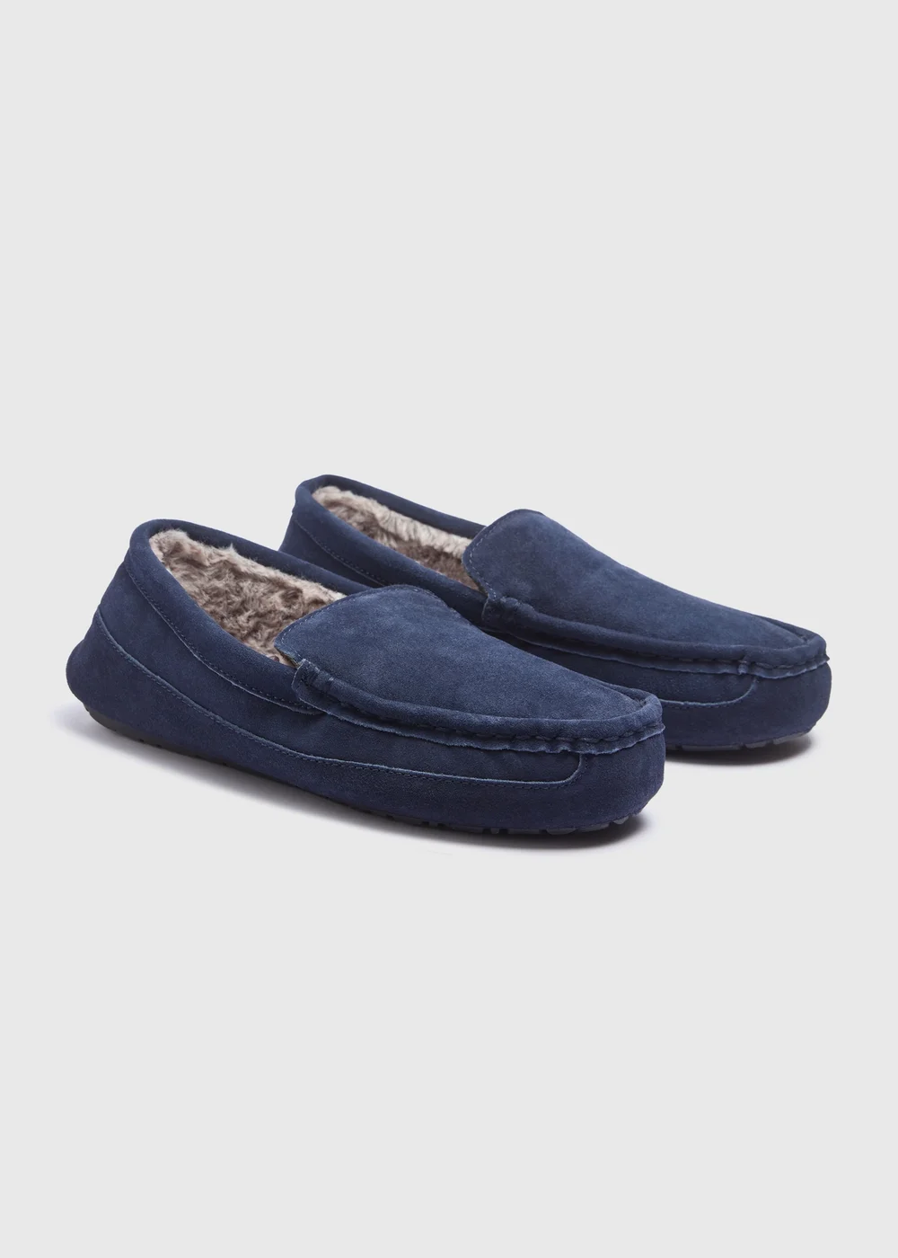 Navy Real Suede Fur Moccasin Slippers - Size 6 Image 1