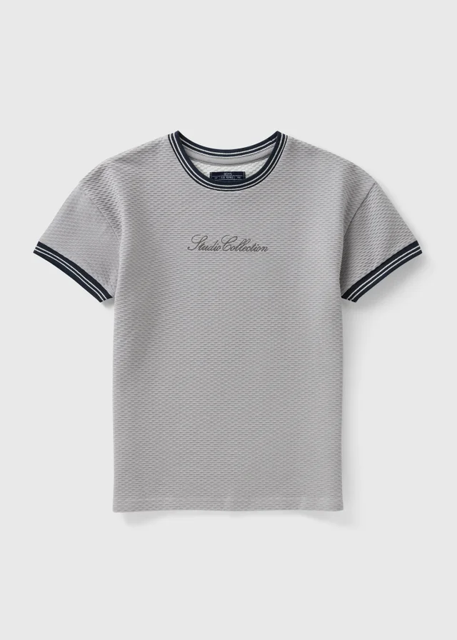 Boys Grey Textured Embroidered T-Shirt (7-15yrs)
