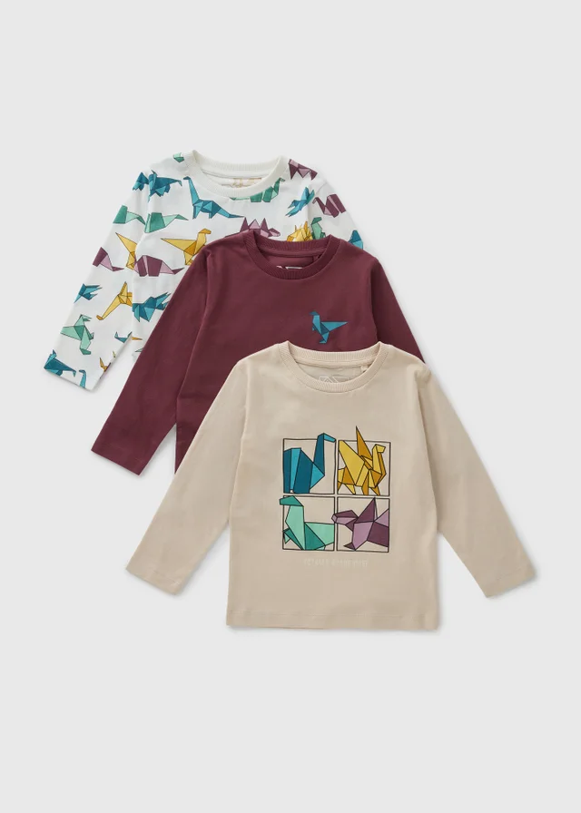 3 Pack Boys Burgundy Dino Long Sleeve Tops (1-7yrs)