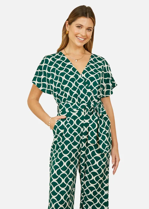 Yumi Green Geometric Print Wrap Jumpsuit - Size 10 Image 2