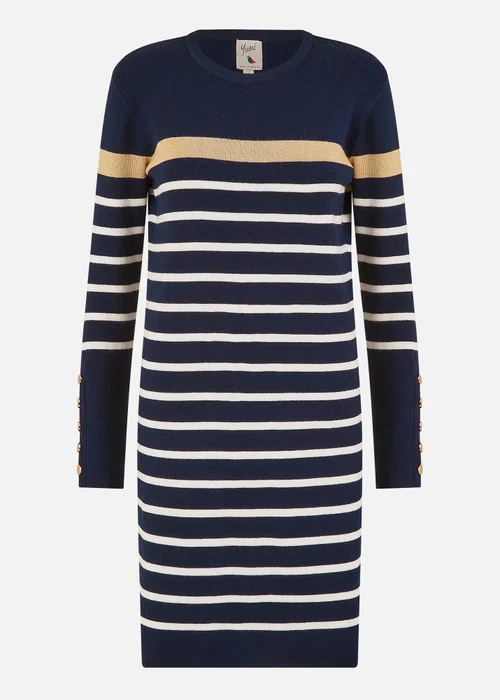 Yumi Navy Striped Knitted Dress With Button Cuff Detail - Large Image 3