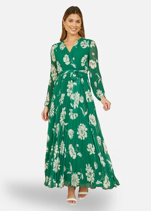 Yumi Green Floral Pleated Midi Wrap Long Sleeve Dress - 12 Image 1