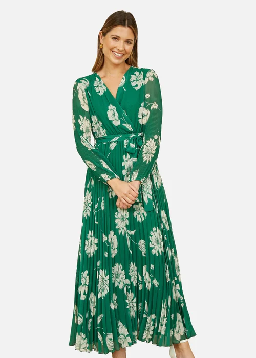 Yumi Green Floral Pleated Midi Wrap Long Sleeve Dress - 12 Image 2