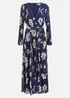 Yumi Navy Floral Pleated Midi Wrap Long Sleeve Dress - 18 Image 3