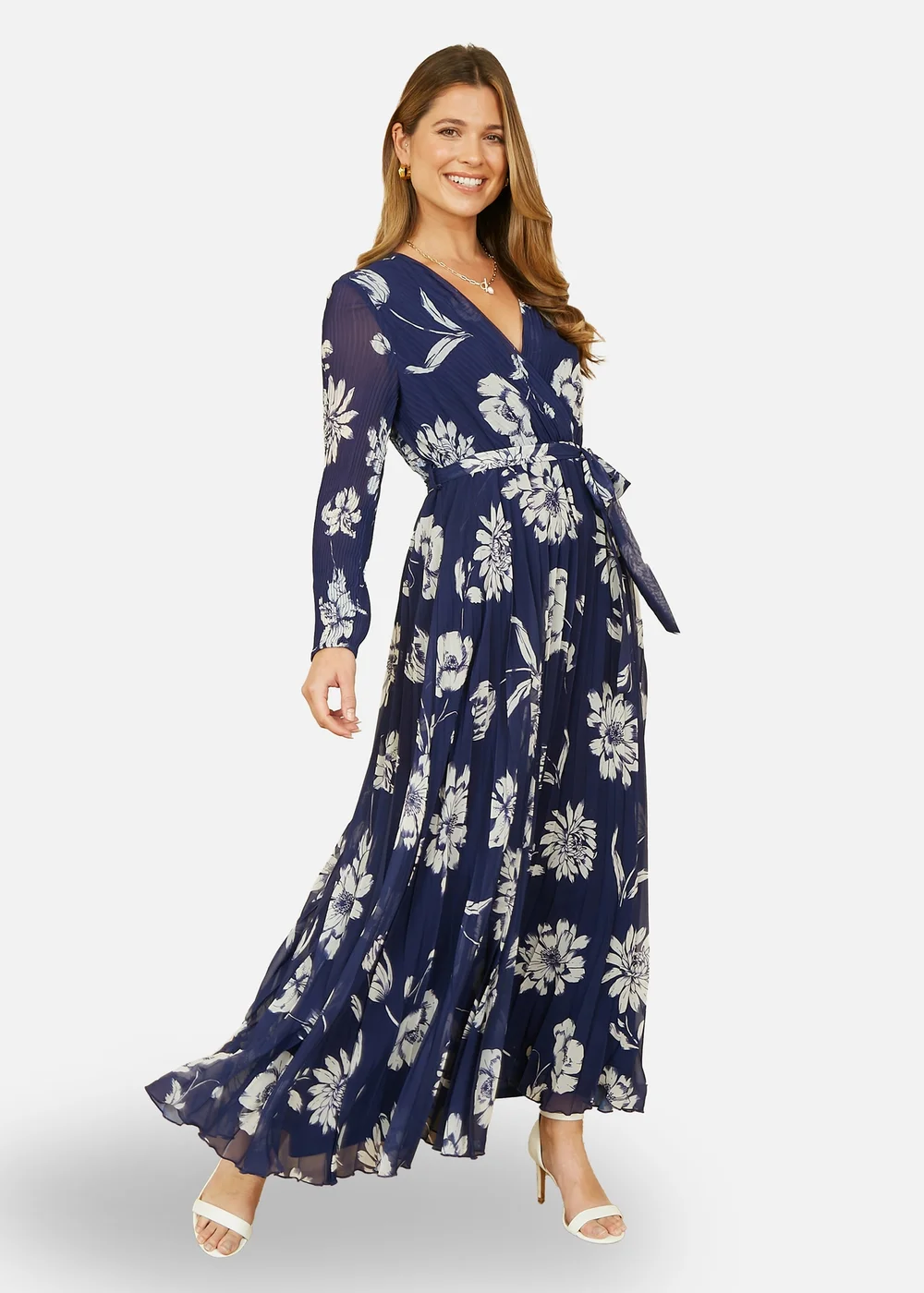 Yumi Navy Floral Pleated Midi Wrap Long Sleeve Dress - 18 Image 1