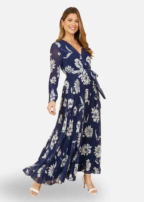 Yumi Navy Floral Pleated Midi Wrap Long Sleeve Dress - 18 Image 1