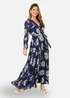 Yumi Navy Floral Pleated Midi Wrap Long Sleeve Dress - 18 Image 1